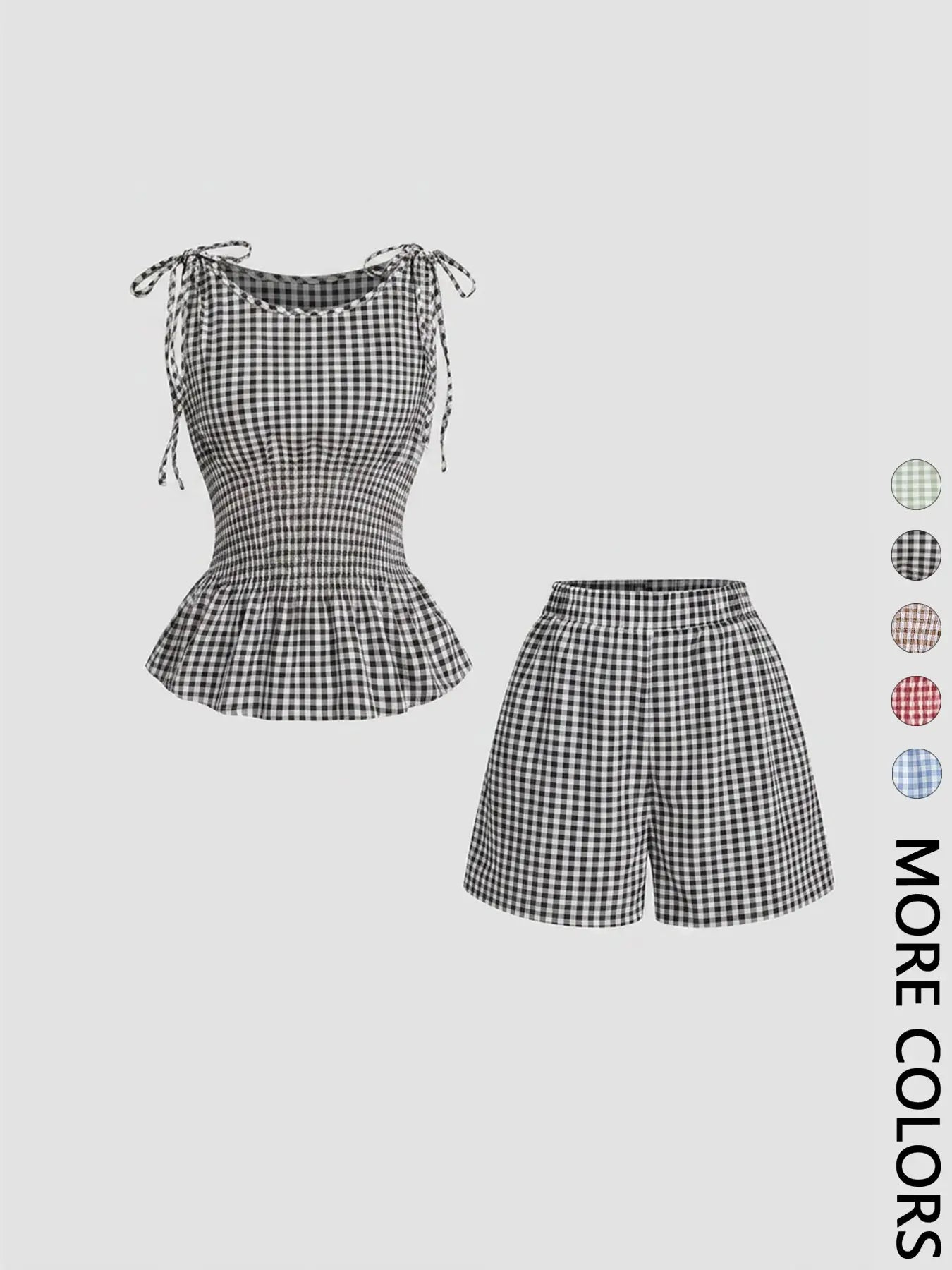 2 Piece Women'S Gingham Woven Fitted Adjustable Tie Shoulder Straps Smocked Waist Peplum Tank Top & Shorts Matching Set, Elastic Waistband, Breathable Lightweight Fabric Casual Wear for Daily Vacation Home Leisure, Aesthetic, Casual Lounge Set