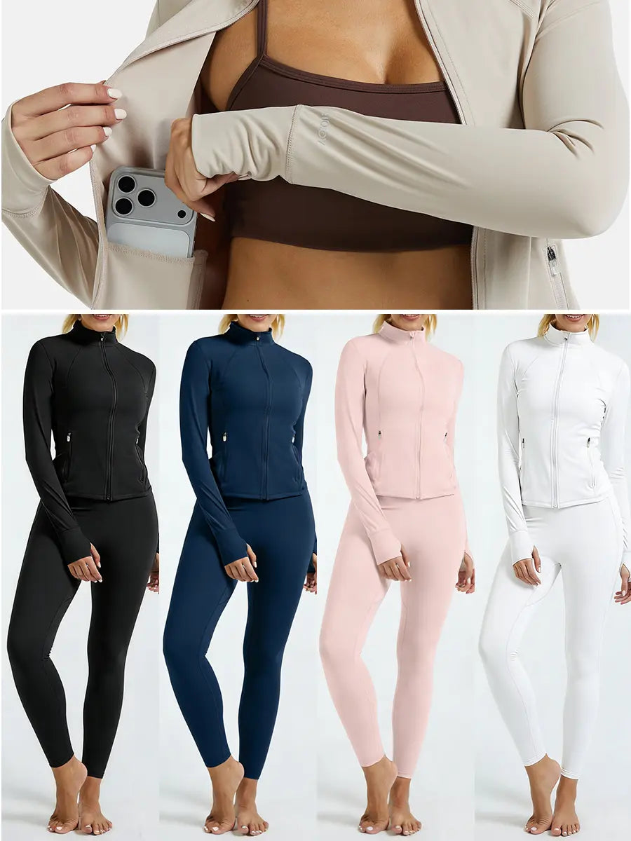 RIOJOY Women'S Basic Long Sleeve BBL Jacket - Spandex Fabric, Lightweight Stand-Up Collar, Full Zipper, Thumb Holes, Pockets, Quick Dry, Breathable, Slim Fit Reflective Outwear for Workout, Longsleeves, Coats