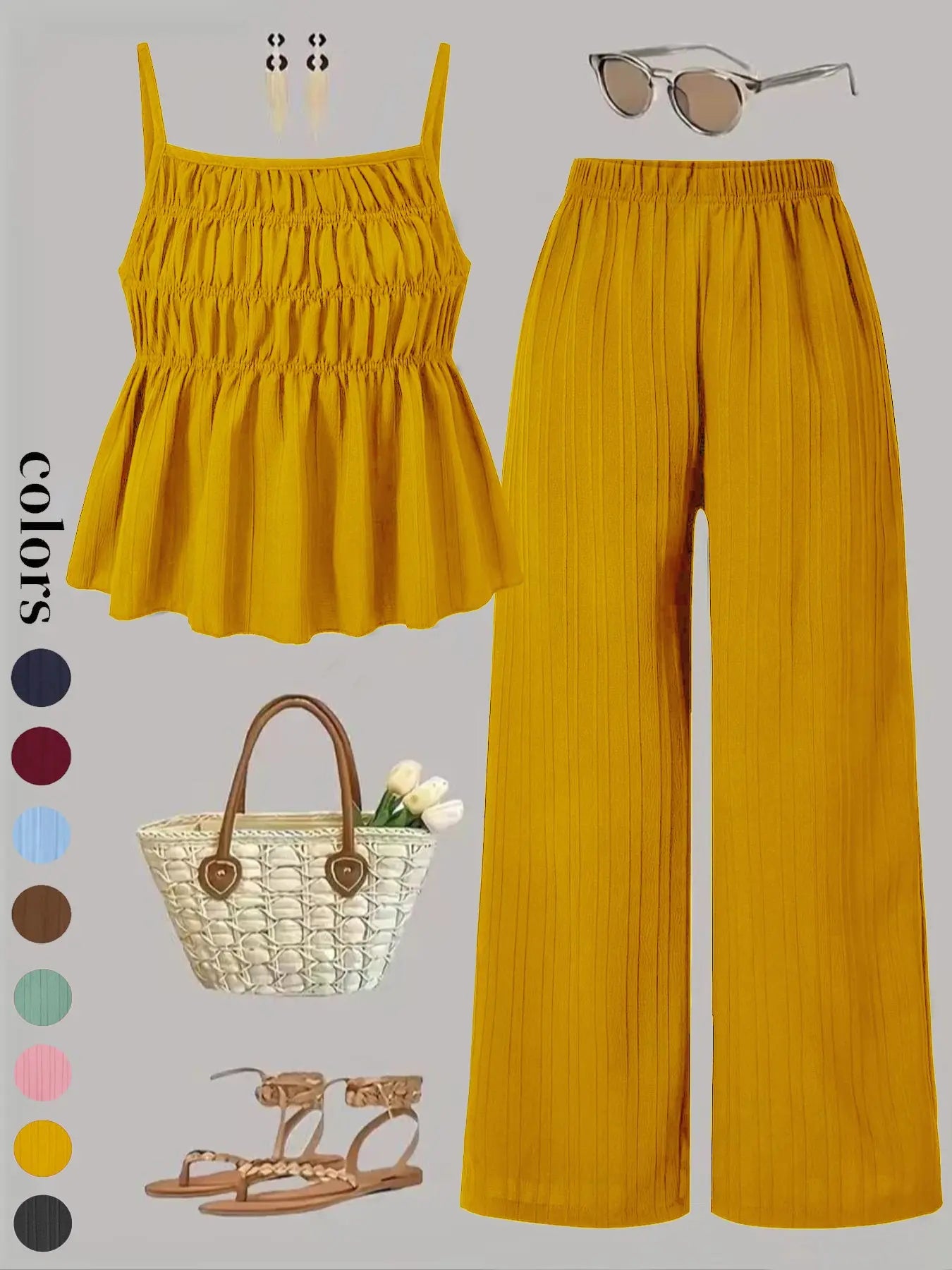 Two-Piece Set Women's Solid Color Cami Top & Wide Leg Pants Set, Street Fashion Casual Outfits for Daily Outdoor Wear