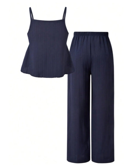 Two-Piece Set Women's Solid Color Cami Top & Wide Leg Pants Set, Street Fashion Casual Outfits for Daily Outdoor Wear