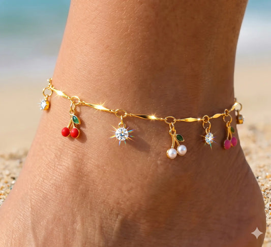 FLORIDECO Women'S 1PC Y2K Colorful Cherry Adjustable Beachy Anklet, Dainty Gold Costume Jewelry for Summer Beach, Adjustable Anklets, Beachy Anklets