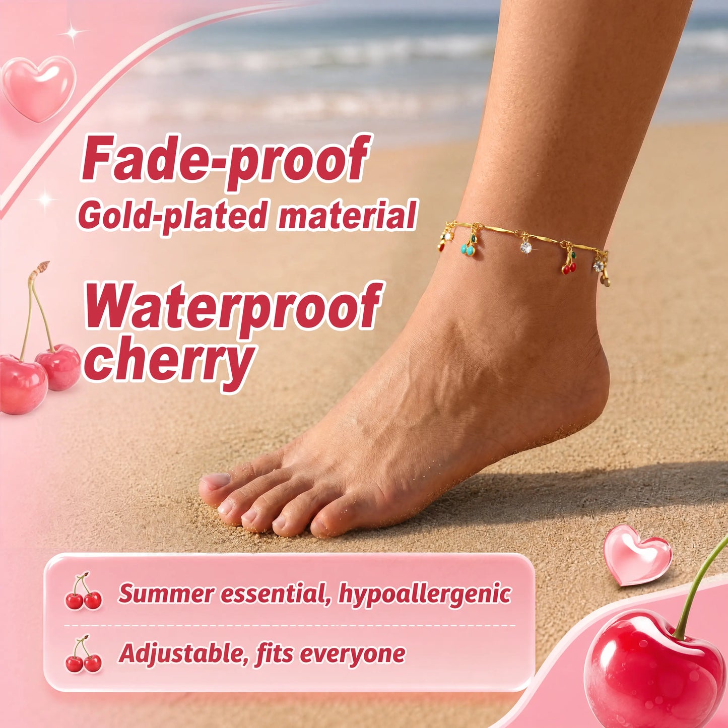 FLORIDECO Women'S 1PC Y2K Colorful Cherry Adjustable Beachy Anklet, Dainty Gold Costume Jewelry for Summer Beach, Adjustable Anklets, Beachy Anklets