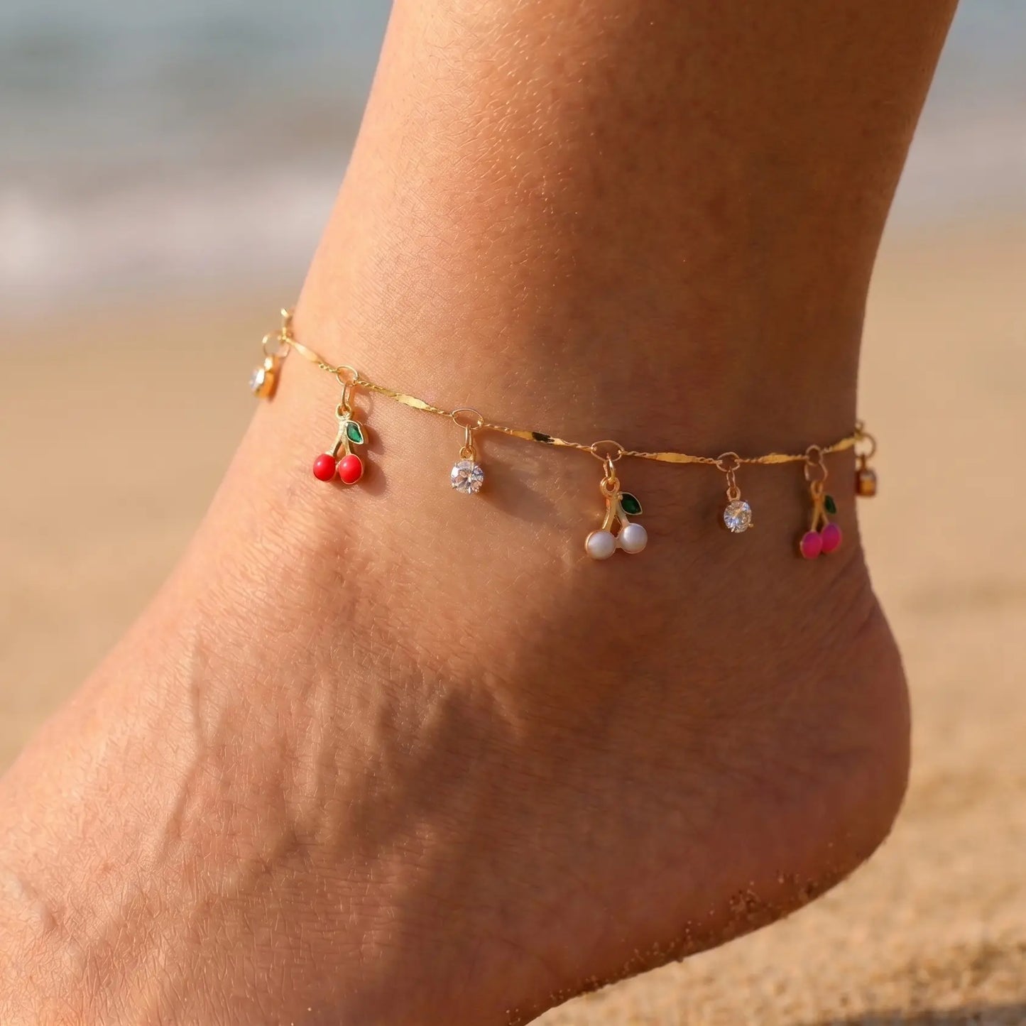 FLORIDECO Women'S 1PC Y2K Colorful Cherry Adjustable Beachy Anklet, Dainty Gold Costume Jewelry for Summer Beach, Adjustable Anklets, Beachy Anklets