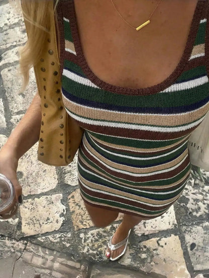 Summer Women'S Slimming Striped Knit Dress, Casual Fashion Long Sleeve round Neck Design, Perfect for Daily Wear, Bodycon Fit Striped Dress