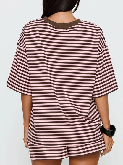 Women'S Striped 2 Piece Outfit Women | Oversized T-Shirt + Drawstring Shorts | Soft Casual Lounge Set for Daily Home Vacation Wear