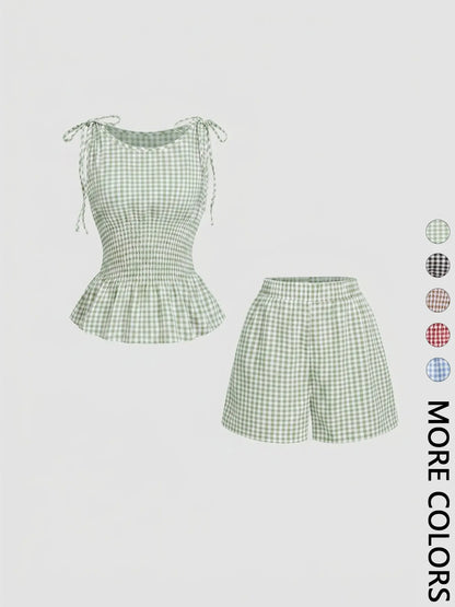 2 Piece Women'S Gingham Woven Fitted Adjustable Tie Shoulder Straps Smocked Waist Peplum Tank Top & Shorts Matching Set, Elastic Waistband, Breathable Lightweight Fabric Casual Wear for Daily Vacation Home Leisure, Aesthetic, Casual Lounge Set