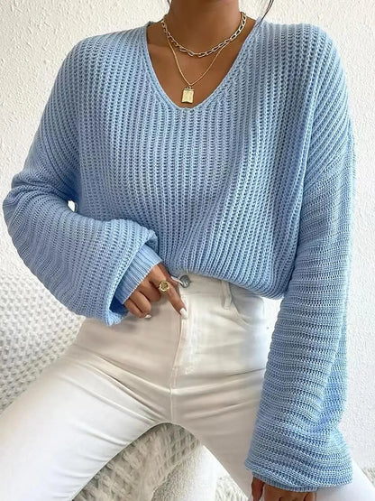 Women's Soft Drop Shoulder Loose Baggy Sweater, Casual Long Sleeve V Neck Jumper for Daily Outdoor Wear