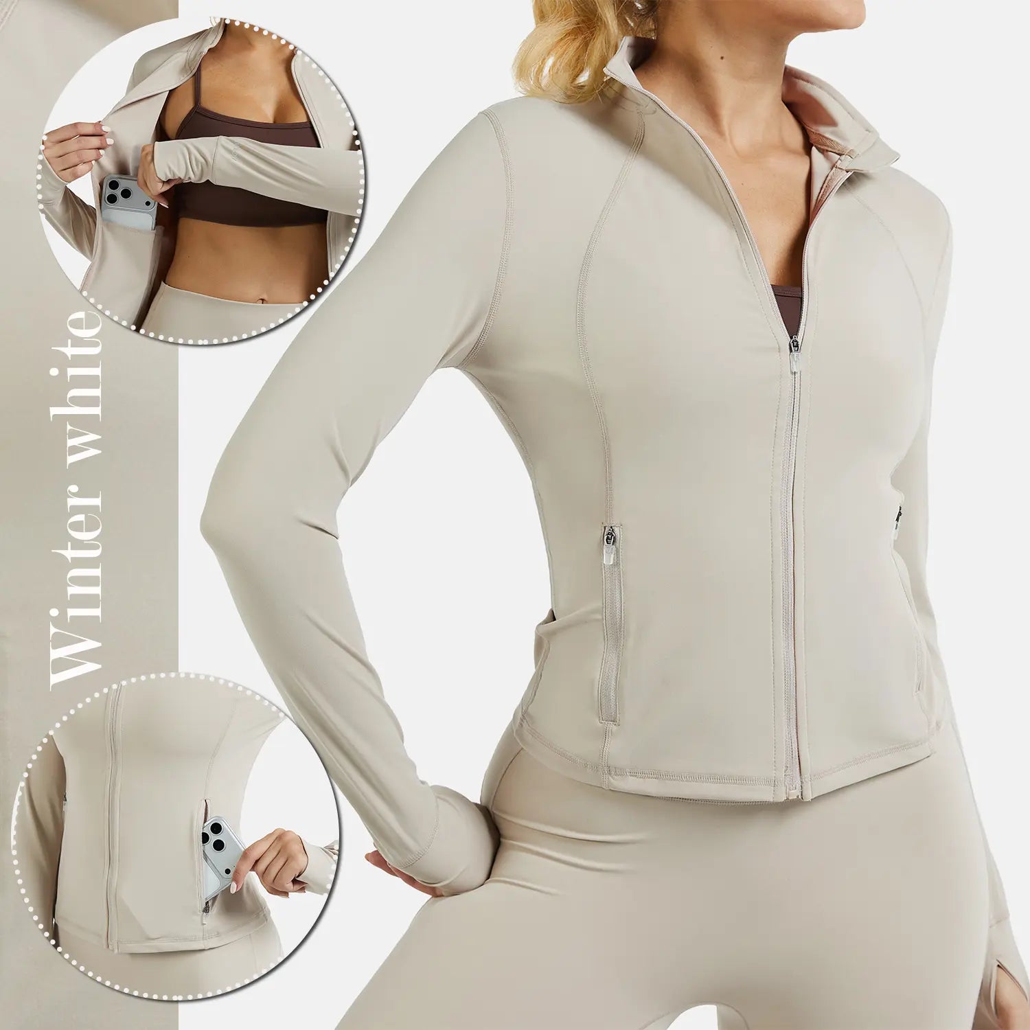 RIOJOY Women'S Basic Long Sleeve BBL Jacket - Spandex Fabric, Lightweight Stand-Up Collar, Full Zipper, Thumb Holes, Pockets, Quick Dry, Breathable, Slim Fit Reflective Outwear for Workout, Longsleeves, Coats