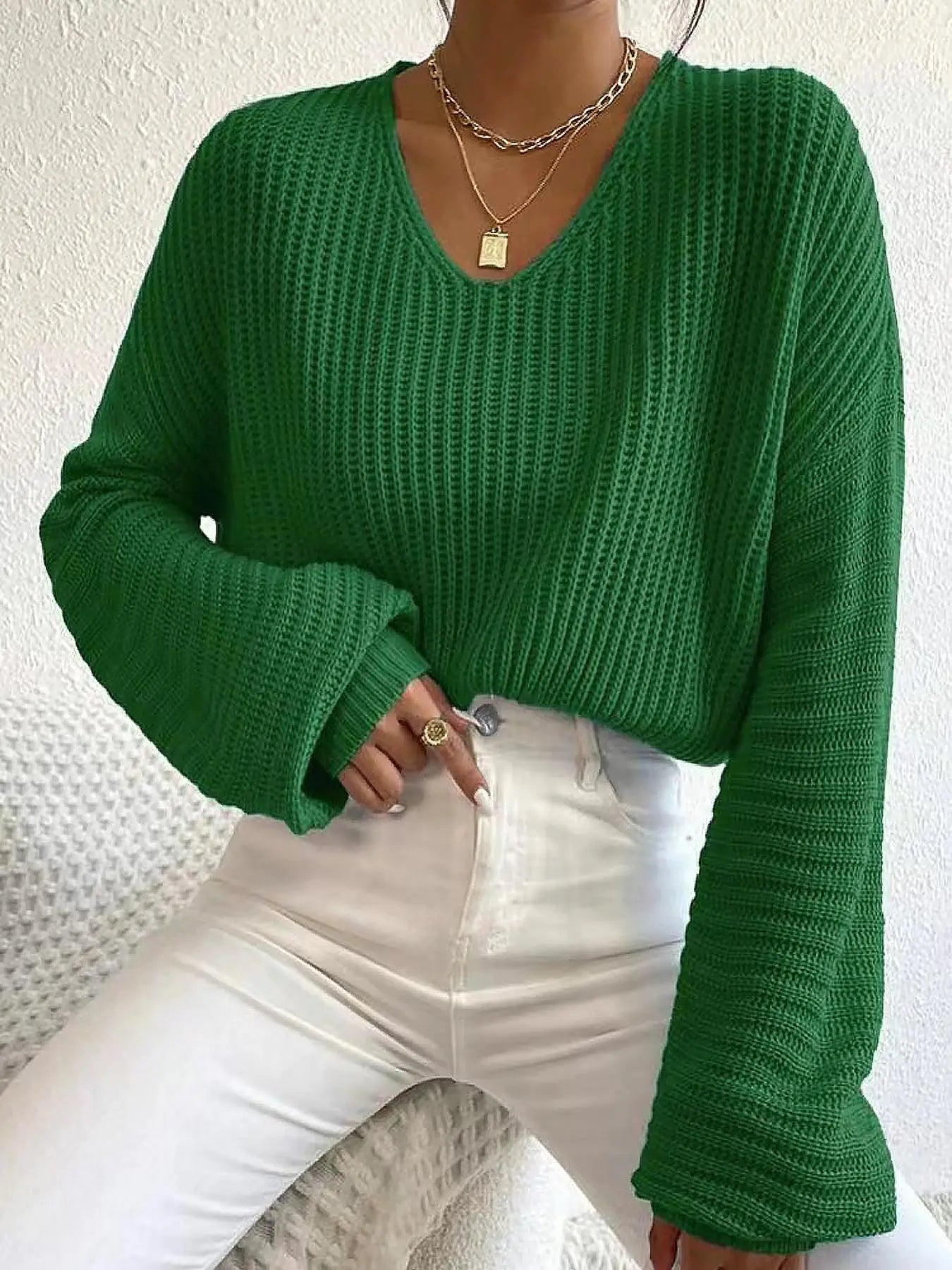 Women's Soft Drop Shoulder Loose Baggy Sweater, Casual Long Sleeve V Neck Jumper for Daily Outdoor Wear